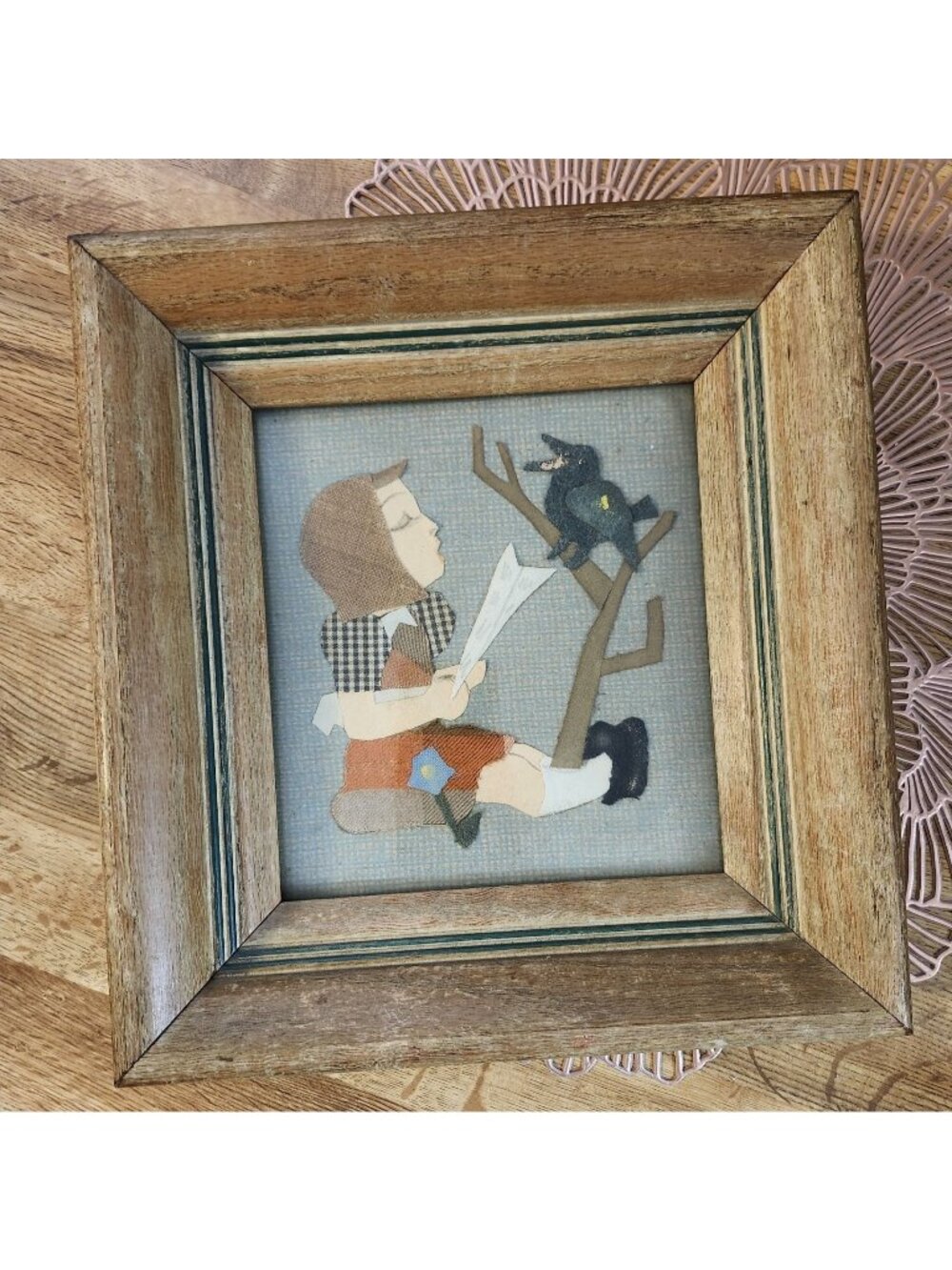 Unique Framed Fabric Collage Child and Raven Wood Custom Frame 10.25x11"